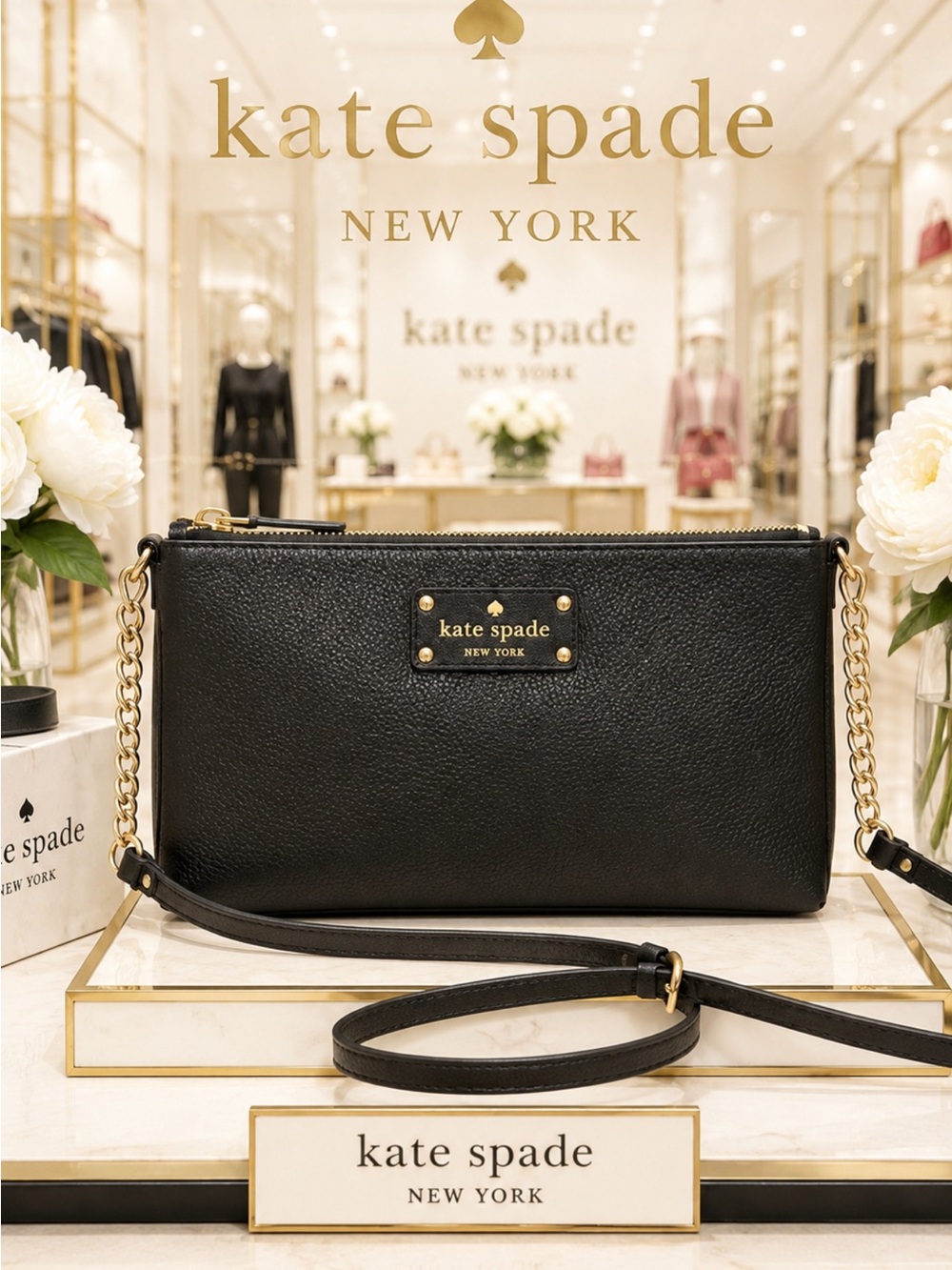NWOT Kate Spade Wellesley Declan Black Leather Crossbody Bag Gold Chain Strap
